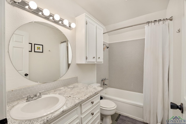 10887 Knollwood Dr, Tyler, TX 75703 - bathroom with toilet, vanity, shower / tub combo with curtain, and decorative backsplash