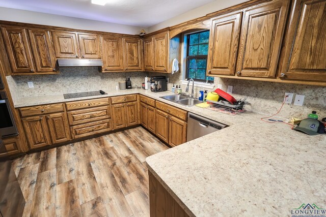 kitchen featuring backsplash, light hardwood / wood-style floors, sink, and appliances with stainless steel finishes