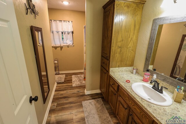 bathroom with vanity and wood-type flooring