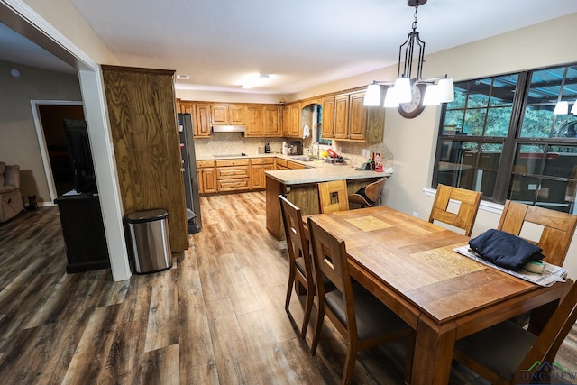 dining room featuring sink, a chandelier, and wood-type flooring