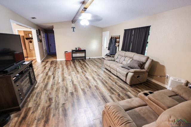 living room featuring vaulted ceiling with beams, ceiling fan, and hardwood / wood-style floors