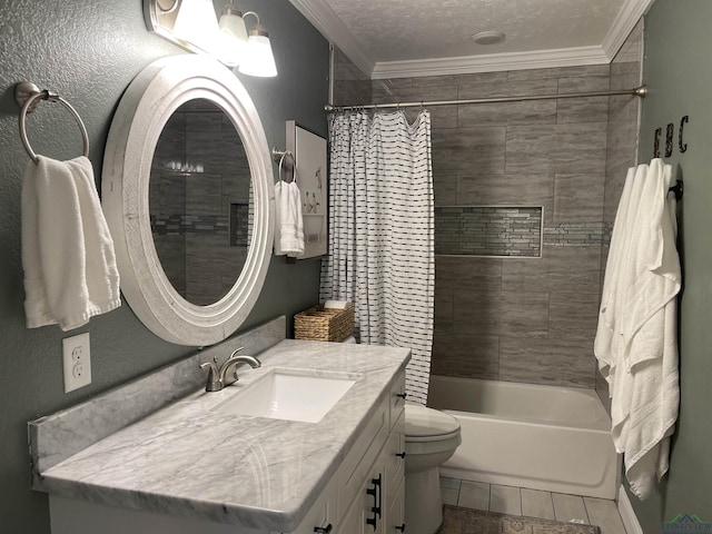 full bathroom featuring vanity, tile patterned flooring, toilet, ornamental molding, and a textured ceiling