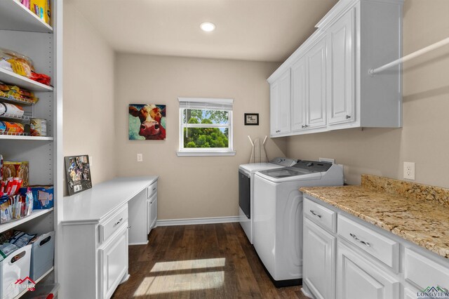 280 Towering Oaks Ln, Longview, TX 75602 - laundry room featuring washer and clothes dryer, cabinet space, baseboards, dark wood-style floors, and recessed lighting
