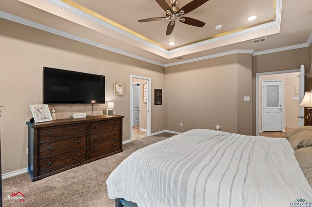 280 Towering Oaks Ln, Longview, TX 75602 - carpeted bedroom with a tray ceiling, crown molding, baseboards, recessed lighting, and a ceiling fan