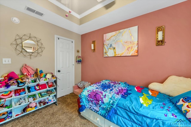 bedroom with carpet flooring and crown molding