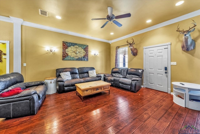 living room featuring dark wood-type flooring, ceiling fan, and crown molding