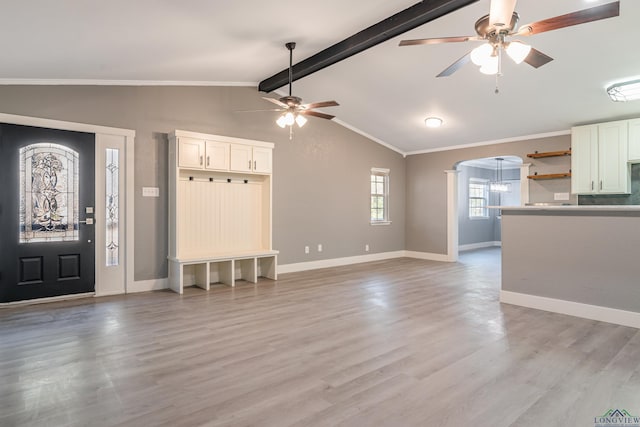 mudroom featuring vaulted ceiling with beams, ceiling fan, light wood-type flooring, and crown molding