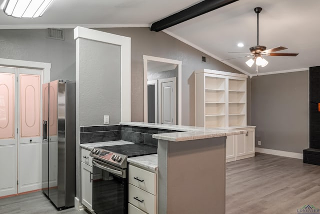 kitchen with stainless steel appliances, lofted ceiling with beams, kitchen peninsula, light hardwood / wood-style floors, and white cabinets