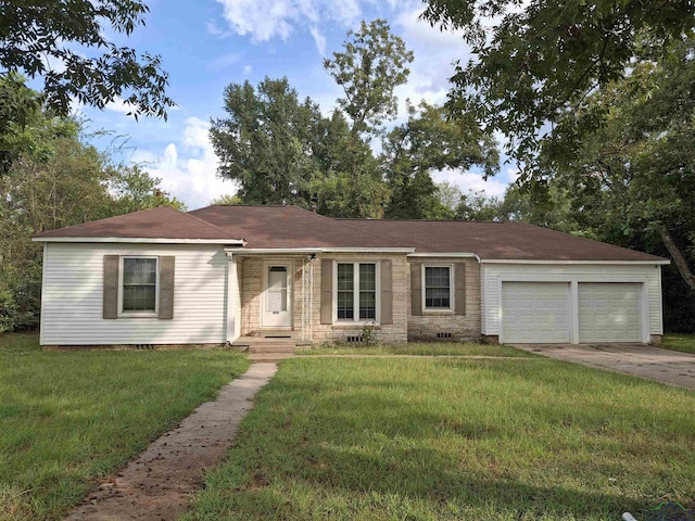 ranch-style home with a garage and a front lawn