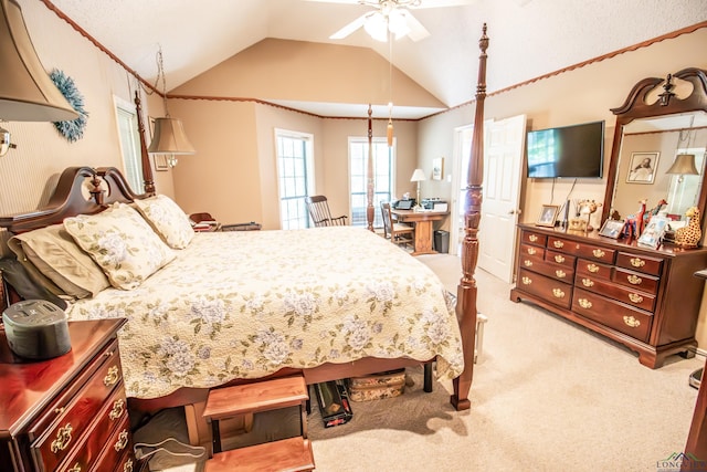 514 Buckeye Hill Rd, Karnack, TX 75661 - bedroom with carpet floors, lofted ceiling, a ceiling fan, and ornamental molding