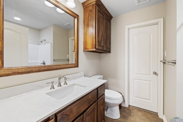 bathroom with vanity, walk in shower, baseboards, toilet, and visible vents