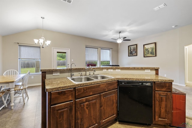 kitchen featuring a sink, visible vents, dark brown cabinetry, black dishwasher, and ceiling fan with notable chandelier