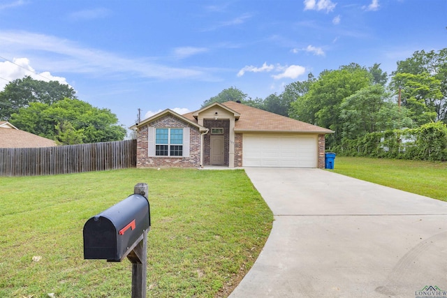 view of front facade featuring a garage, brick siding, a front yard, and fence