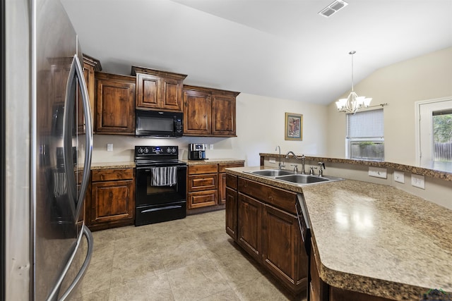 kitchen with a sink, an inviting chandelier, lofted ceiling, pendant lighting, and black appliances