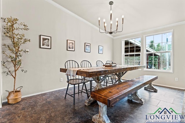 dining space with an inviting chandelier and crown molding