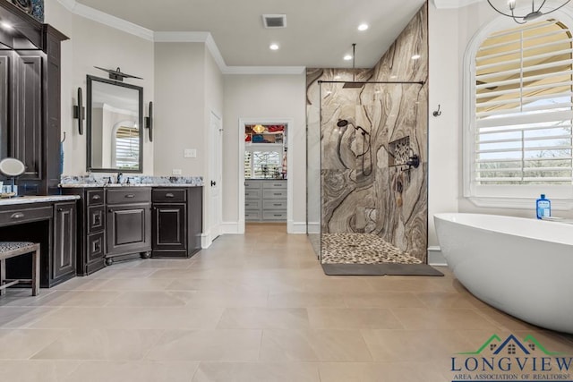 bathroom with ornamental molding, separate shower and tub, vanity, and a healthy amount of sunlight