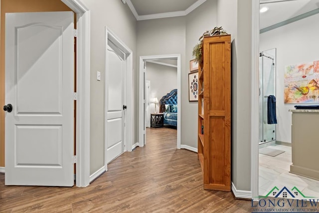 hallway with ornamental molding and light hardwood / wood-style flooring