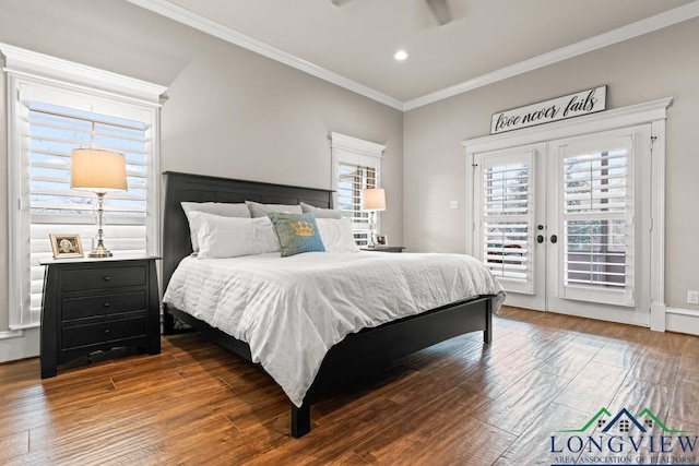 bedroom with french doors, ornamental molding, hardwood / wood-style flooring, and access to outside