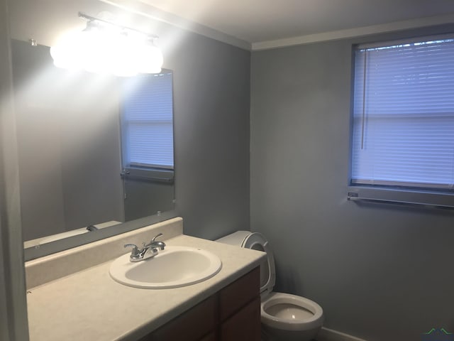 bathroom with crown molding, vanity, and toilet