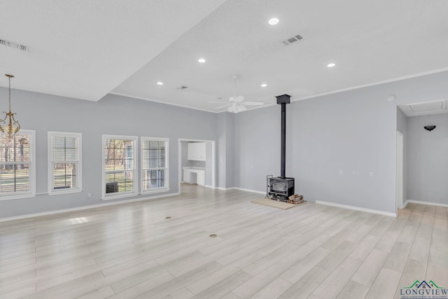 unfurnished living room featuring ceiling fan, light wood-style flooring, recessed lighting, visible vents, and baseboards