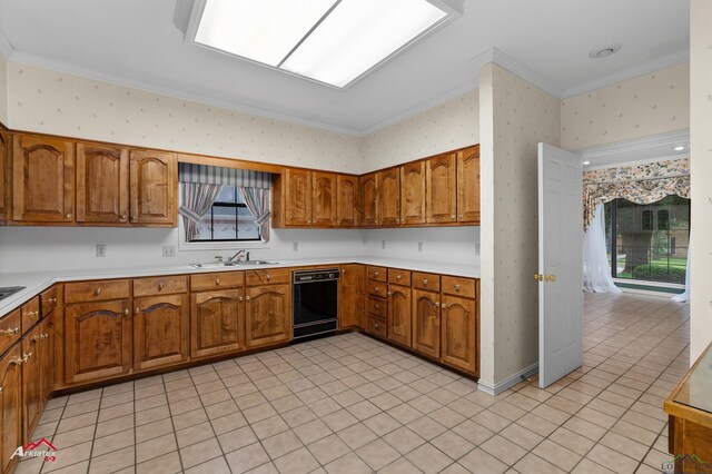 825 University Dr, Carthage, TX 75633 - kitchen with dishwasher, a sink, ornamental molding, brown cabinetry, and wallpapered walls