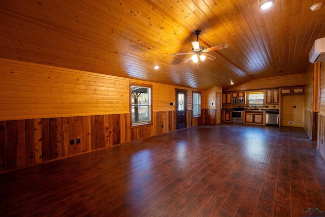 unfurnished living room with vaulted ceiling, plenty of natural light, wooden ceiling, and dark hardwood / wood-style flooring