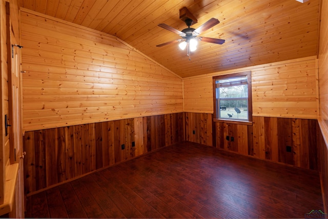 bonus room with lofted ceiling, hardwood / wood-style floors, wood ceiling, and wood walls