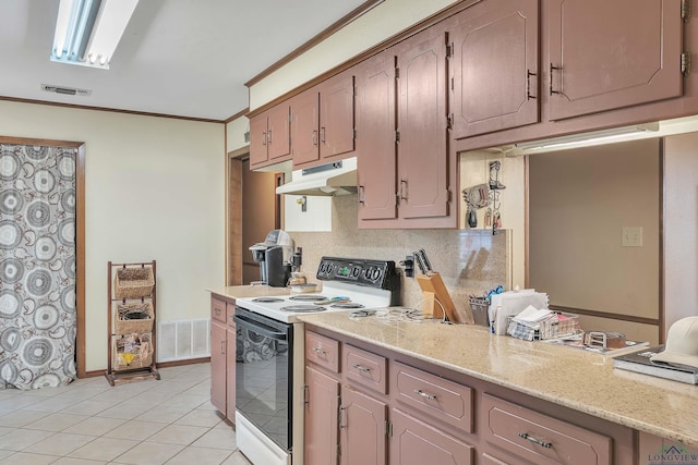 3738 Fm 161 S, Hughes Springs, TX 75656 - kitchen featuring black electric range oven, under cabinet range hood, crown molding, light tile patterned flooring, and tasteful backsplash