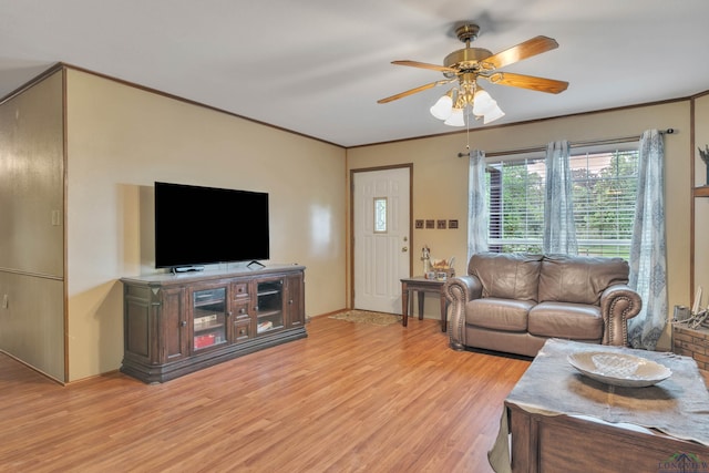 3738 Fm 161 S, Hughes Springs, TX 75656 - living area with light wood-type flooring, a ceiling fan, and ornamental molding