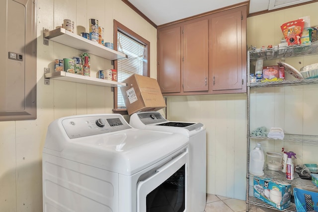 3738 Fm 161 S, Hughes Springs, TX 75656 - washroom with electric panel, washing machine and clothes dryer, cabinet space, and light tile patterned floors