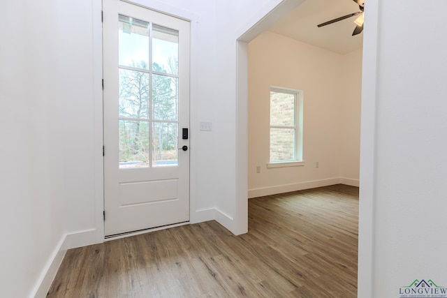 foyer with ceiling fan and light wood-type flooring