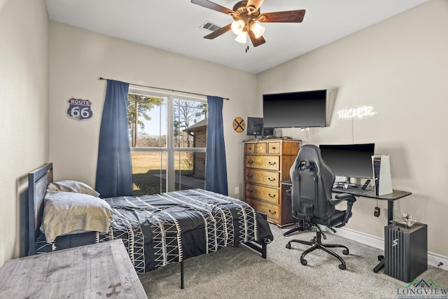 bedroom with carpet flooring, ceiling fan, and lofted ceiling