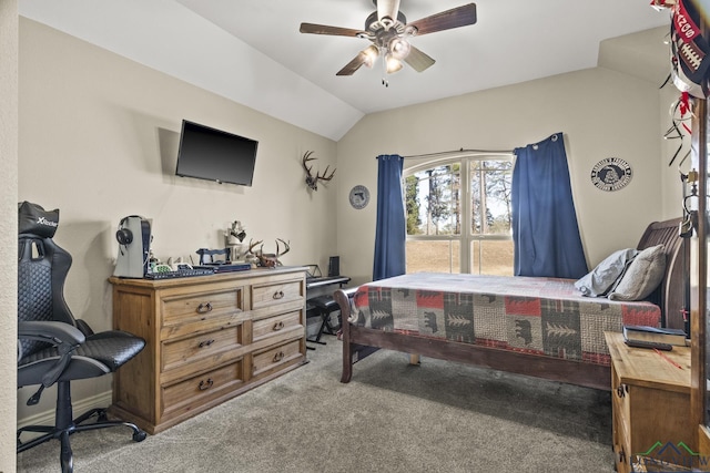 carpeted bedroom with ceiling fan and lofted ceiling