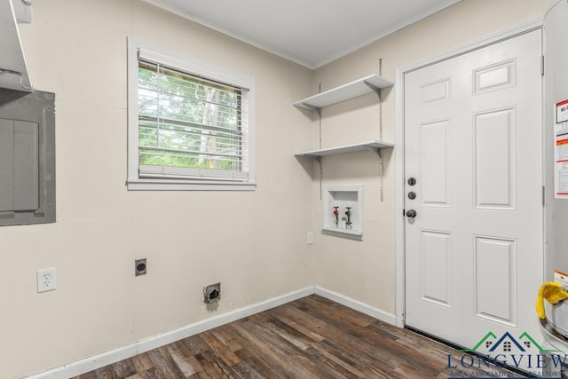 11562 19th Ave, Tyler, TX 75709 - laundry area with hookup for an electric dryer, washer hookup, dark wood-style flooring, baseboards, and ornamental molding