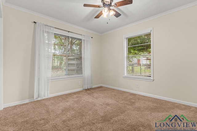 11562 19th Ave, Tyler, TX 75709 - carpeted empty room featuring crown molding, healthy amount of natural light, a ceiling fan, and baseboards