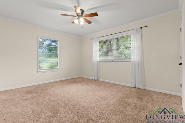 11562 19th Ave, Tyler, TX 75709 - empty room featuring ornamental molding, a ceiling fan, carpet flooring, and baseboards