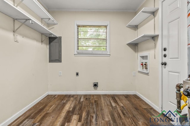 11562 19th Ave, Tyler, TX 75709 - washroom featuring electric panel, hookup for an electric dryer, washer hookup, dark wood-type flooring, and baseboards