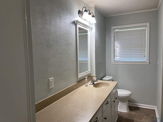 bathroom with a textured wall, toilet, crown molding, and a textured ceiling