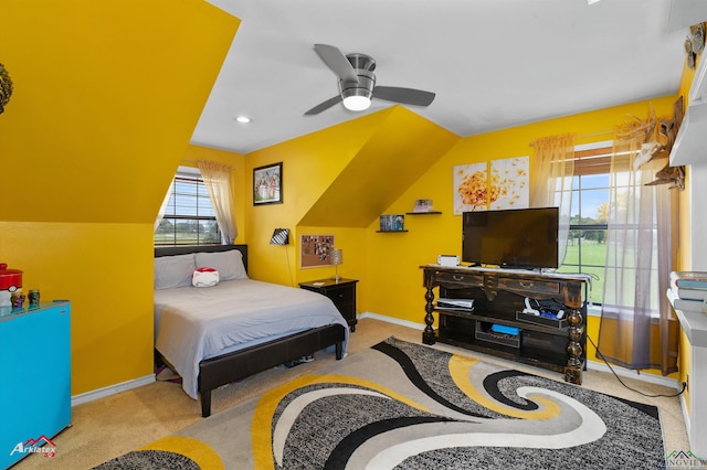 1463 County Road 106, Carthage, TX 75633 - bedroom featuring carpet flooring, ceiling fan, vaulted ceiling, and recessed lighting