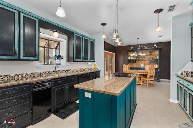 1463 County Road 106, Carthage, TX 75633 - kitchen featuring backsplash, a center island, black appliances, and light tile patterned flooring