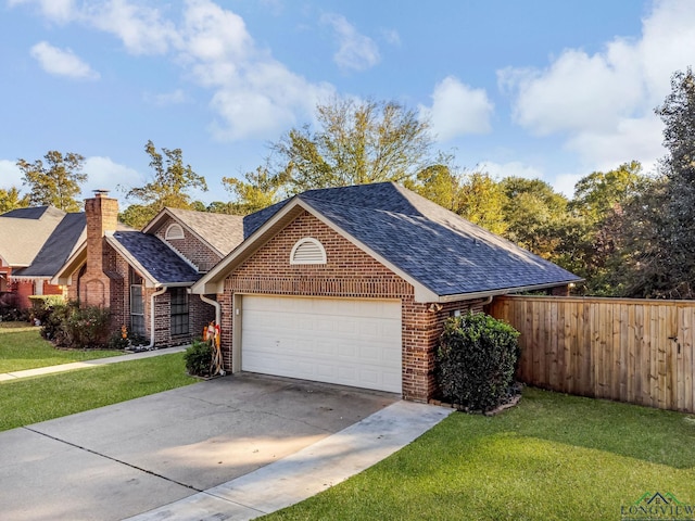 single story home with a front yard and a garage