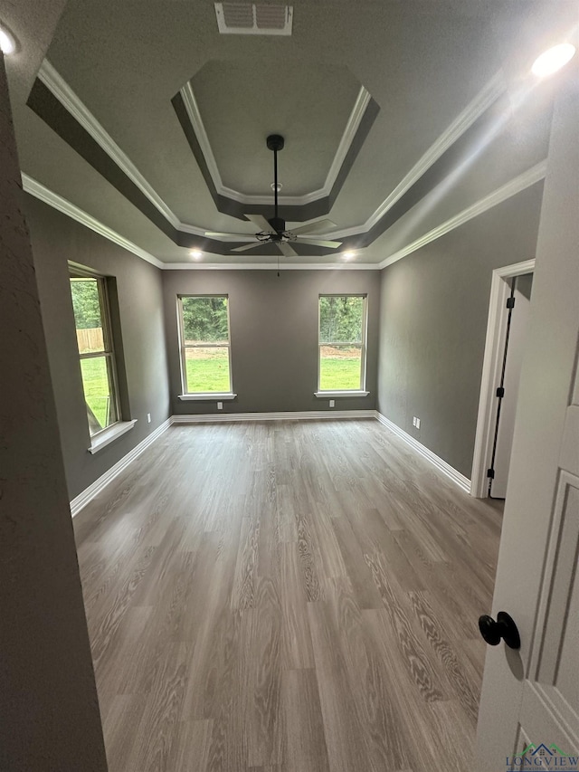 unfurnished room featuring ornamental molding, a raised ceiling, ceiling fan, and a healthy amount of sunlight