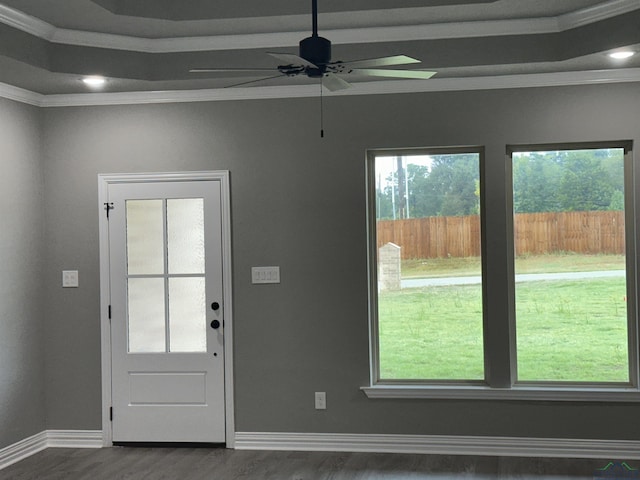 doorway to outside featuring a raised ceiling, ceiling fan, dark hardwood / wood-style flooring, and ornamental molding