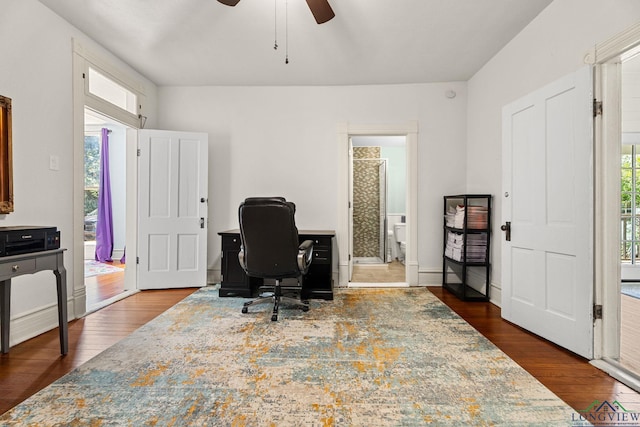 office area featuring ceiling fan and dark wood finished floors