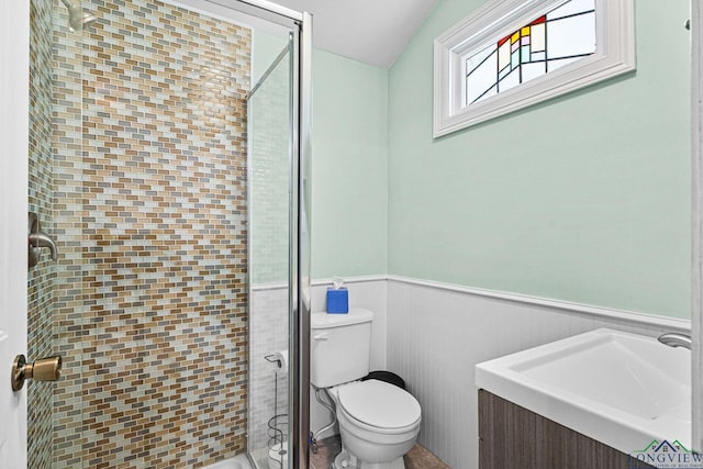 bathroom featuring a sink, a stall shower, toilet, and a wainscoted wall