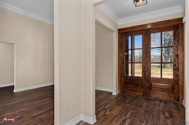 foyer featuring french doors, dark wood-style floors, and ornamental molding