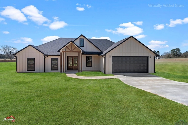 modern farmhouse style home featuring board and batten siding, concrete driveway, a front yard, roof with shingles, and a garage