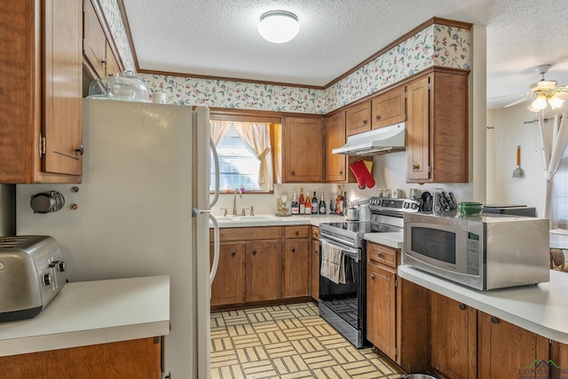 kitchen featuring sink, ceiling fan, stainless steel appliances, ornamental molding, and a textured ceiling