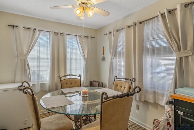 dining room with ceiling fan and a textured ceiling