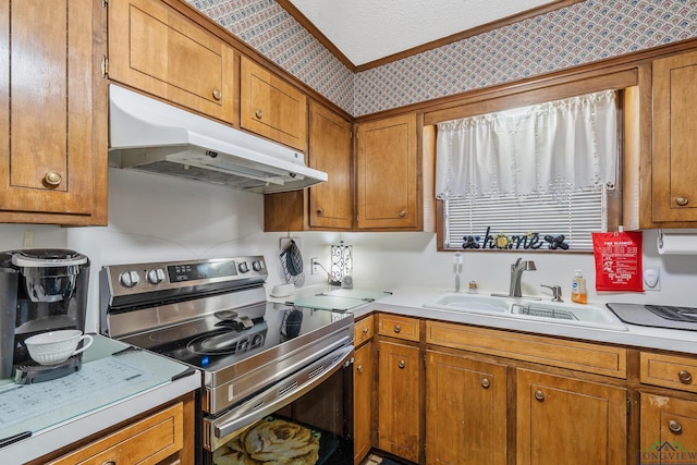 kitchen featuring sink, a textured ceiling, and electric stove